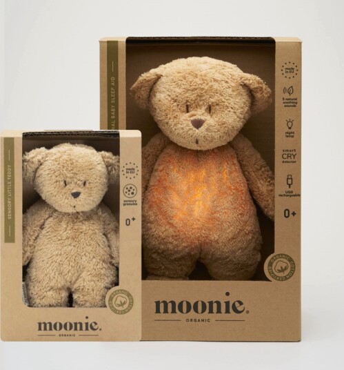 Moonie Bamse Pakkepris Moonie 2.0 Organic Cappucino Sovebamse Med Lyd Og Lys + Mini Sensorisk Moonie