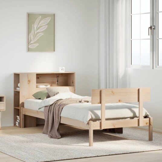 Seng med bokhylle uten madrass 90x200 cm heltre furu