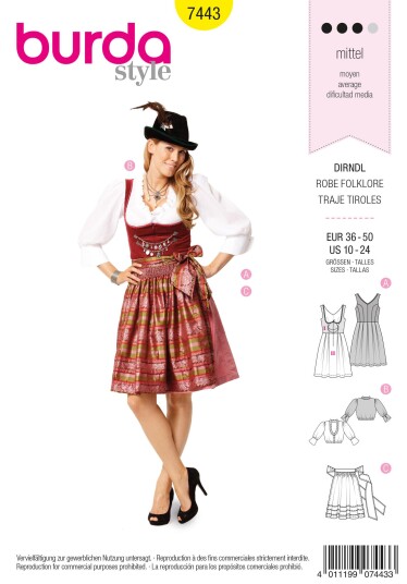 Burda 7443 - Folkedrakt EUR: 36-50, US: 10-24