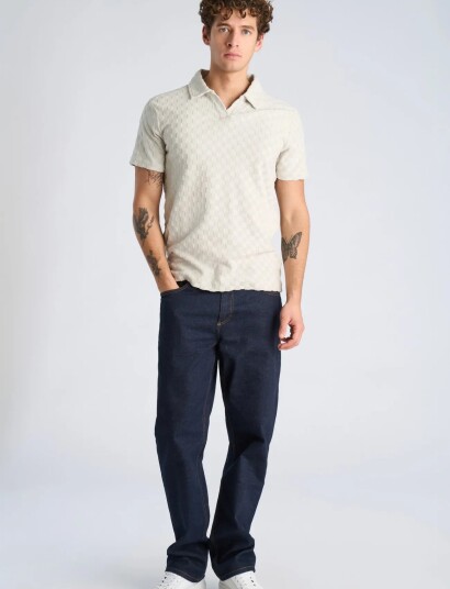 Lindbergh Checkered Towel V Neck Polo S/S Cream L Lindbergh Checkered Towel V Neck Polo S/S Cream L