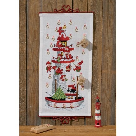 Permin Broderisett Aida Julekalender Nisse Fyrtårnet 35x68cm