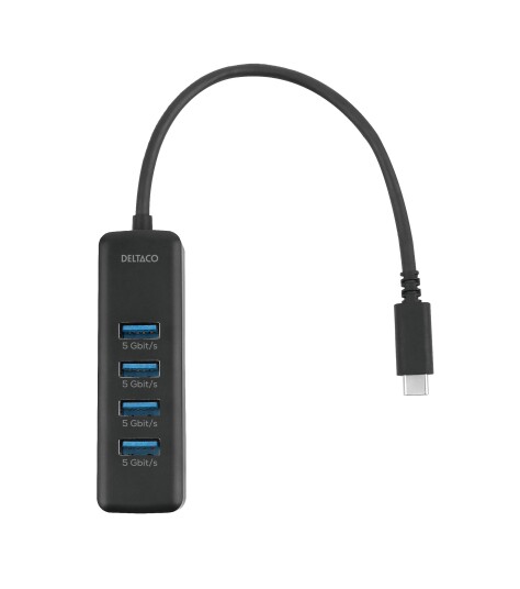 Deltaco USB C hub 5 Gbps 4x USB A slim black USB hub 4 porter Svart USBC HUB202