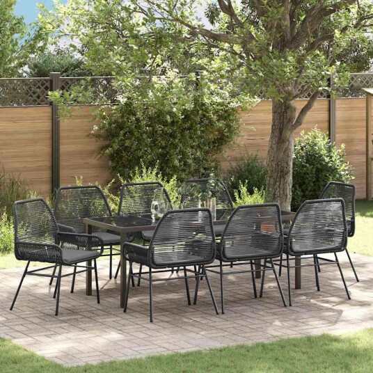 9 Delt Hage spisegruppe med puter svart poly rattan
