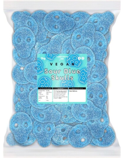 2 kg Candycrave Vegan Fizzy Blue Skulls   Stor Pose med Sure Blå Vingummihodeskaller