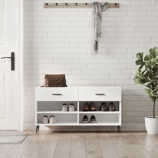 vidaXL Skobenk h?yglans hvit 102x35x55 cm konstruert tre