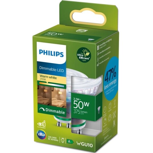 Philips LED GU10 2,1W 50W 375lm dimbar 2700K Energiklasse A