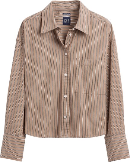 GAP Organic Cotton Poplin Oversized Crop Shirt CAMEL STRIPE L