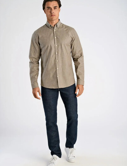 Lindbergh Striped Superflex Oxford L/S - Brown - M
