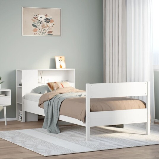 Seng med bokhylle uten madrass hvit 75x190 cm heltre furu 3322973