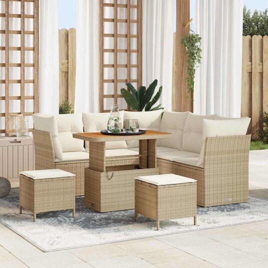 8-delt hagesofa-sett med puter i beige poly rattan og akasie.