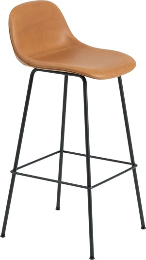 Muuto Fiber Tube Barstol med Ryggstøtte 75 cm Refine Skinn Cognacfarget / Sort Muuto Fiber Tube Barstol med Ryggstøtte 75 cm Refine Skinn Cognacfarget / Sort