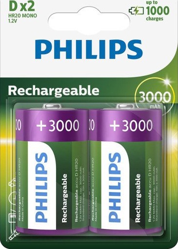 Philips 2 stk. Oppladbare D Batterier 3000 mAh NiMH