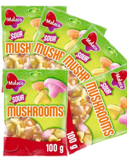 28 stk Poser med Malaco Sour Mushrooms Forskjellige Sure Skumbiter Hel Eske 28 stk Poser med Malaco Sour Mushrooms Forskjellige Sure Skumbiter Hel Eske
