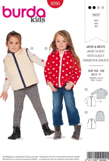 Burda 9290 - Jakke & Vest EUR: 104-146, US: 4-11