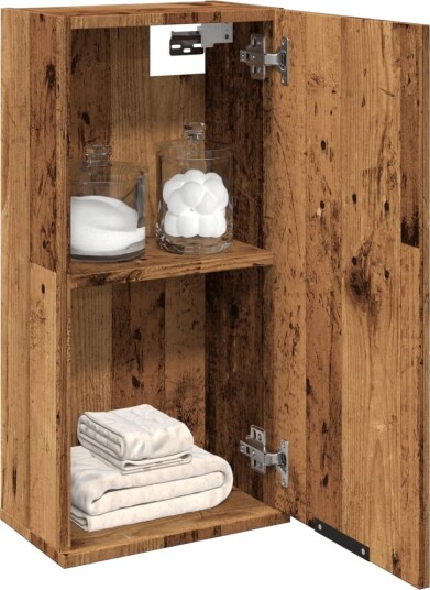  Vegghengt baderomsskap gammel tre 32x20x67 cm