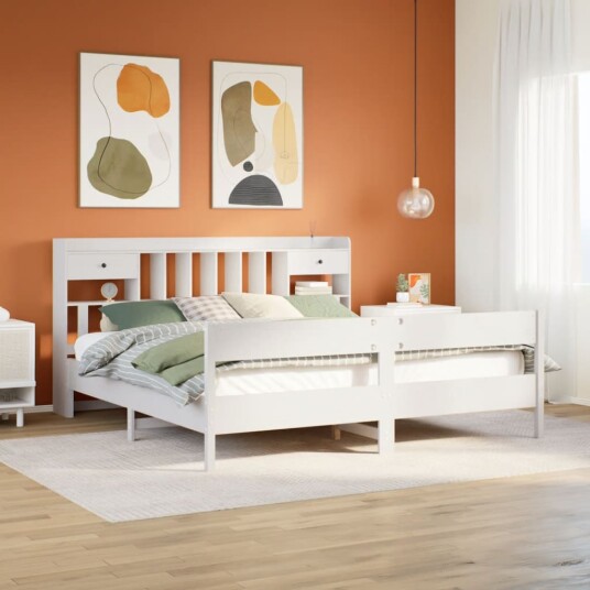  Seng med bokhylle uten madrass hvit 180x200 cm heltre furu 8721158618054
