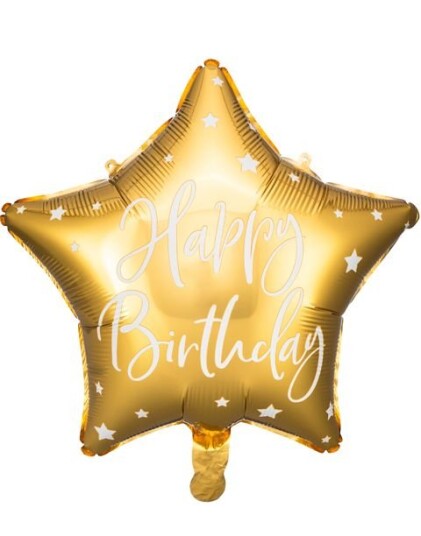 Happy Birthday! Stjerneformet Gullfarget Folieballong med Hvit Skrift 40 cm