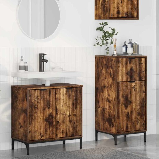 Baderomsinnredningssett Rutete 2 pcs Røkt eik 39.5 x 36 x 88 cm Baderomsinnredningssett Rutete 2 pcs Røkt eik 39.5 x 36 x 88 cm