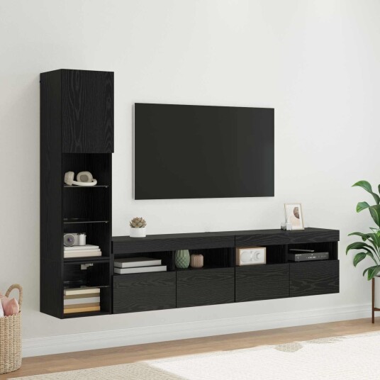 TV Vegg enhet med LED 4 pcs Svart Eik Konstruert tre TV Vegg enhet med LED 4 pcs Svart Eik Konstruert tre