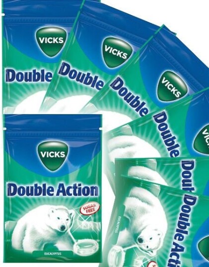 20 stk Vicks Double Action   Sukkerfri Halspastiller med Eukalyptus og Mentol   Hel Eske 1,44 kg