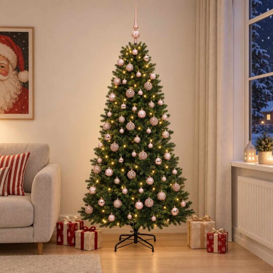vidaXL Kunstig juletre med kuler 210 cm 300 LED-lys Varmhvit