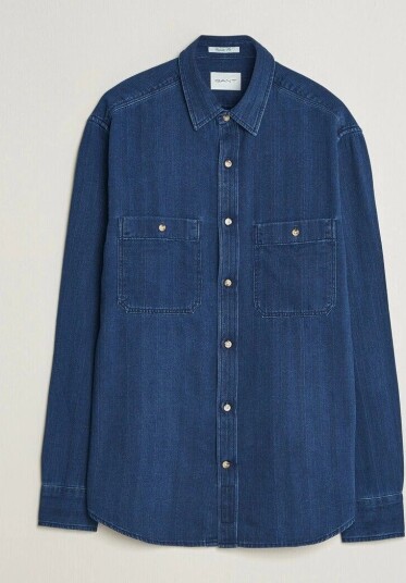 Gant Regular Fit Indigo Herringbone Overshirt Mid Blue