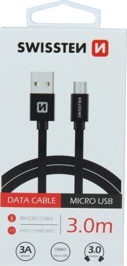 Swissten 3m USB-A til Micro-USB Ladekabel Svart