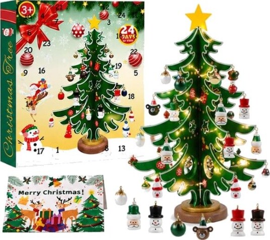 Julekalender med juletre i tre til bord og 30 juledekorasjoner 24 dagers nedtelling juletrekalender