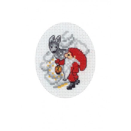 Permin Broderisett Julekort med nisse og rådyr 9x13cm