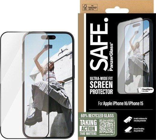 SAFE by PanzerGlass Screen Protection w. Black Frame iPhone 16 | 15 | Ultra-Wide Fit