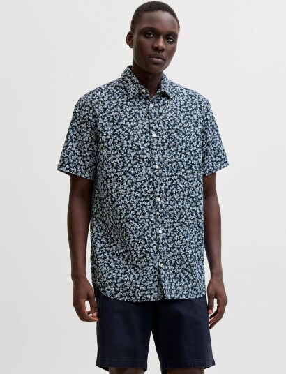 Jack & Jones Jprblasummer Linen Bl. Print Ss Shirt Ln   Navy   M
