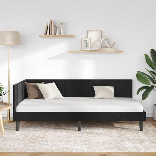 Hjørnesengramme med hodegjerde Svart 90 cm x 200 cm Fløyel Hjørnesengramme med hodegjerde Svart 90 cm x 200 cm Fløyel