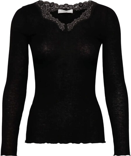 Rosemunde Rwburlington Wool Ls V-Neck Lace T-Shirt - BLACK - XS
