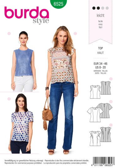 Burda 6525 - Topp EUR: 34-46, US: 8-20