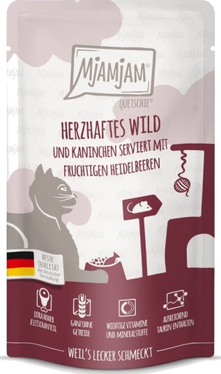 Mjamjam Våtfôr Sparepakke Quetschie Smakfullt Vilt & Kanin Med Fruktige Blåbær 24 X 125 G