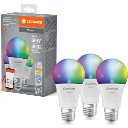 Ledvance Smart+ Wifi E27 standardpære fargeendring + justerbar hvit 9W 3 pak Matt Ledvance Smart+ Wifi E27 standardpære fargeendring + justerbar hvit 9W 3 pak Matt