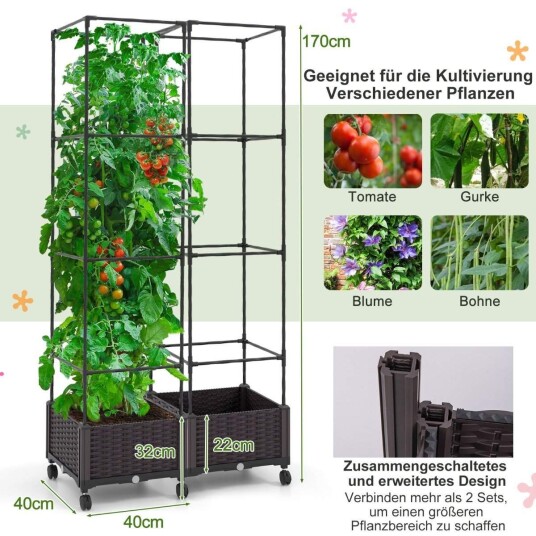 Trellis med blomsterkasse på hjul Høydejusterbar hageobelisk 40 x 40 x 170 cm