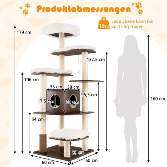 Cwy 175 cm Kattetre 6 Lags Katteklodestolpe Trekatteskrapestolpe Lekehus Med Hule Og 5 Matter Aktivitetstre Klatretre Kattehus
