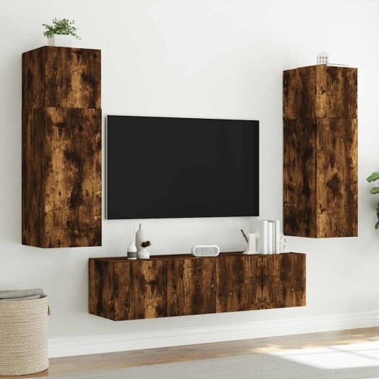 vidaXL Vegghengte TV-benker med LED-lys 2 stk røkt eik 60x35x41 cm 8721012258952 vidaXL Vegghengte TV-benker med LED-lys 2 stk røkt eik 60x35x41 cm 8721012258952