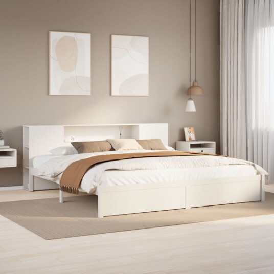 Seng med bokhylle uten madrass hvit 180x200 cm heltre furu 8721158611536