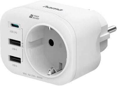 Hama 220V Uttaksadapter USB-C/A 20W PD Hvit