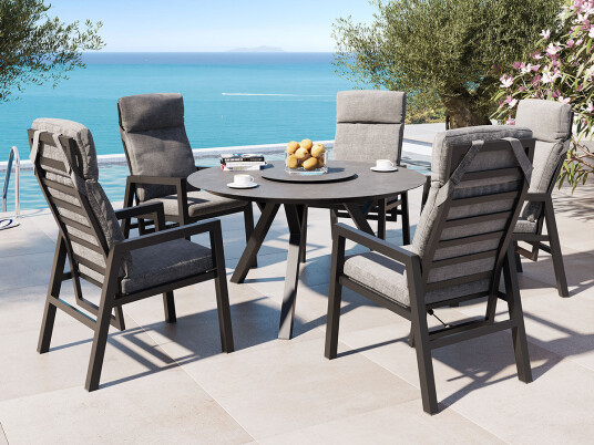 Jamaica Rund Spisegruppe M/bord 135 Cm Og 5 Reclinerstoler I Antrasitt Aluminium