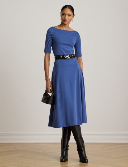 Lauren Ralph Lauren Rib Knit Stretch Cotton Midi Dress Blue XS
