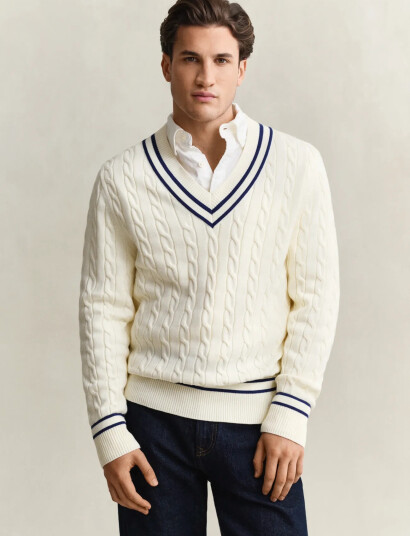 Gant Cotton Cable V Neck Cream XL