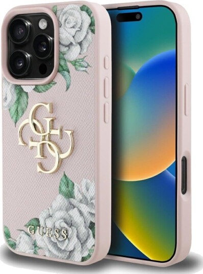 Guess Grained Roses Big 4G Mobildeksel til iPhone 16 Pro - Rosa