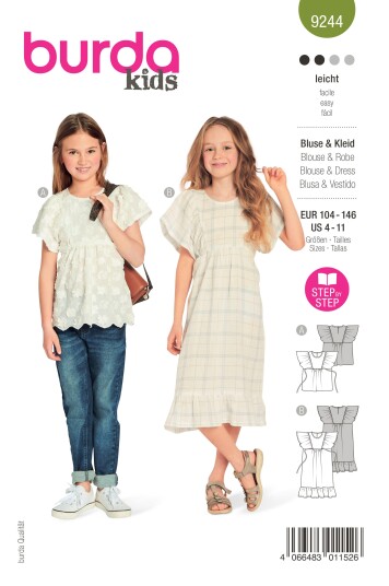 Burda 9244 - Bluse & Kjole EUR: 104-146, US: 4-11