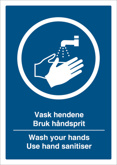 Vask hendene håndsprit NO/ENG Vinyl klistremerke 297 x 210 mm