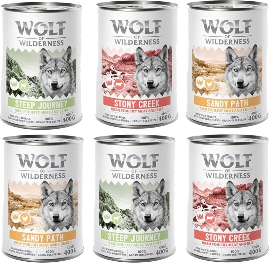 Wolf Of Wilderness Våtfôr Adult Med Fjærkre Mixpakke 2X Stony Creek 2X Sandy Path 2X Steep Journey 6 X 400 G