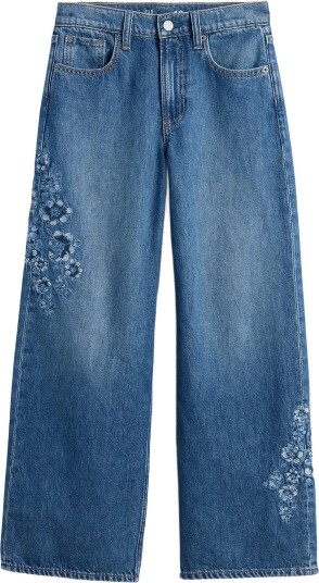 GAP Kids Low Rise Stride Embroidered Floral Wide Leg Jeans Blue 128/134 GAP Kids Low Rise Stride Embroidered Floral Wide Leg Jeans Blue 128/134
