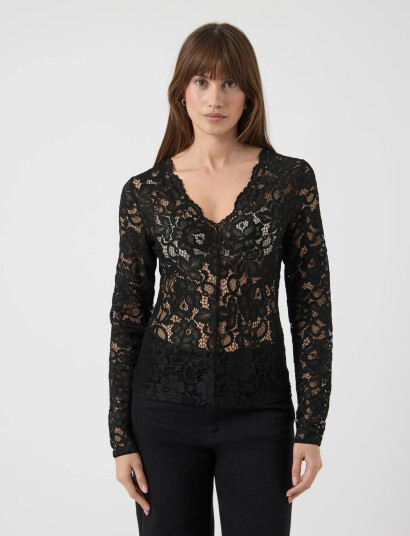 YAS Yaslacey Ls V-Neck Lace Top S. Noos - Black - XS